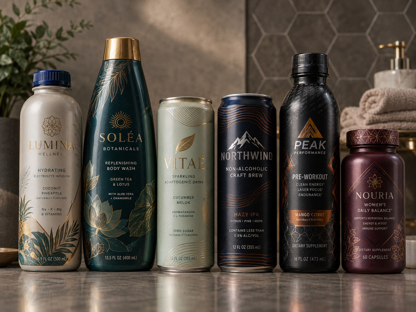 Shrink sleeve packages featuring cold foil metallic effects