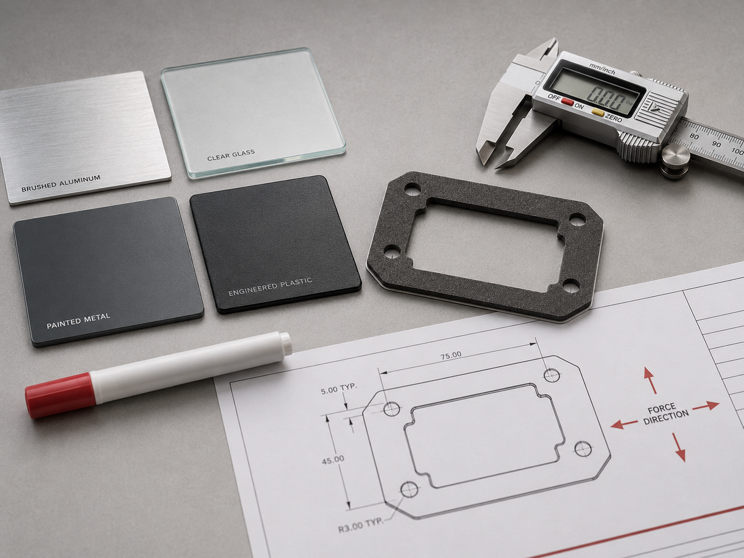 Application engineering workspace with substrate samples, calipers and custom die-cut adhesive component