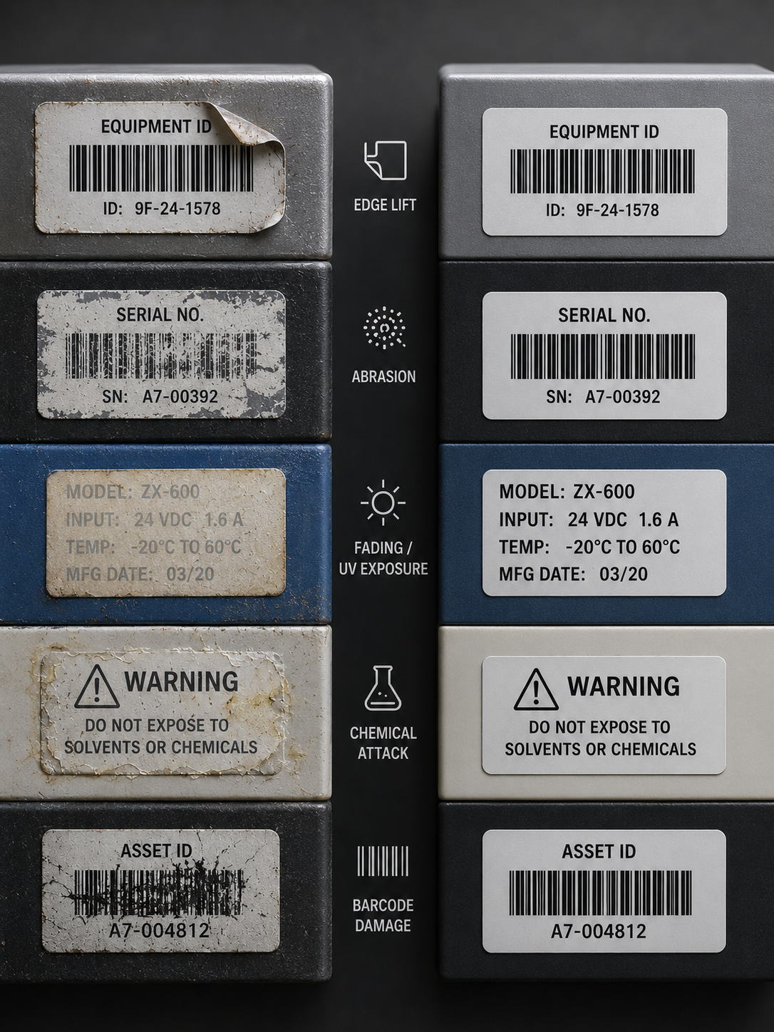 Industrial label failure risks including edge lift abrasion fading chemical damage and reduced barcode readability