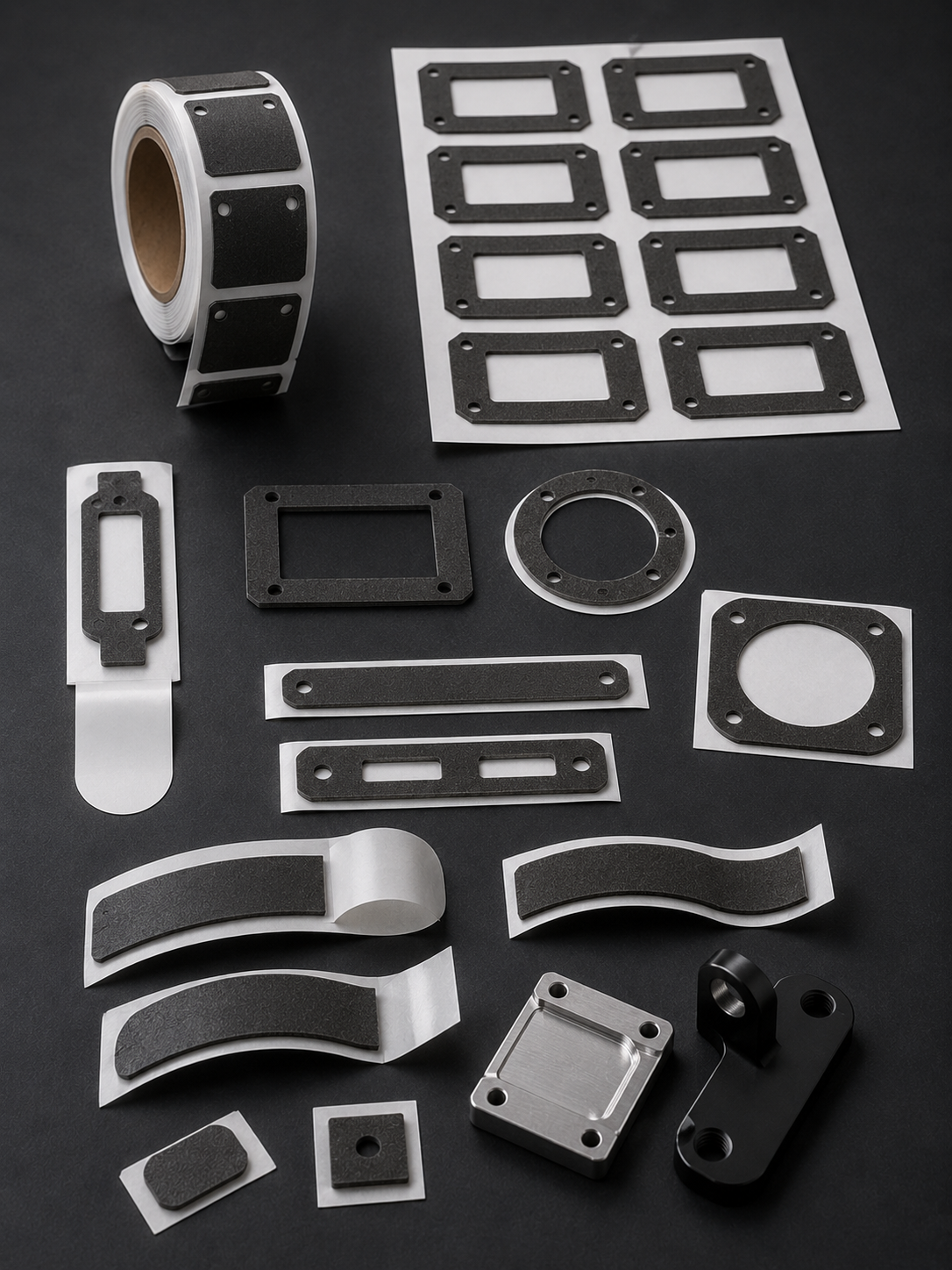 Custom die-cut adhesive components shown as rolls, sheets, frames, rings and tabbed parts