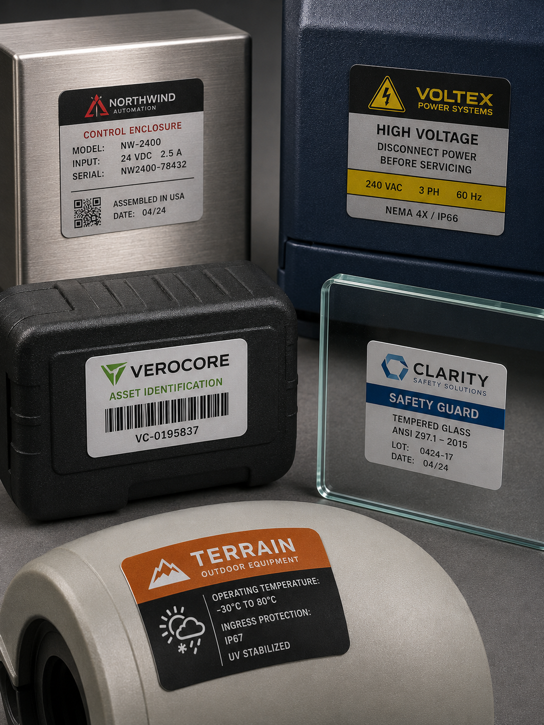 Industrial durable labels applied to brushed metal powder-coated metal textured plastic glass and curved surfaces