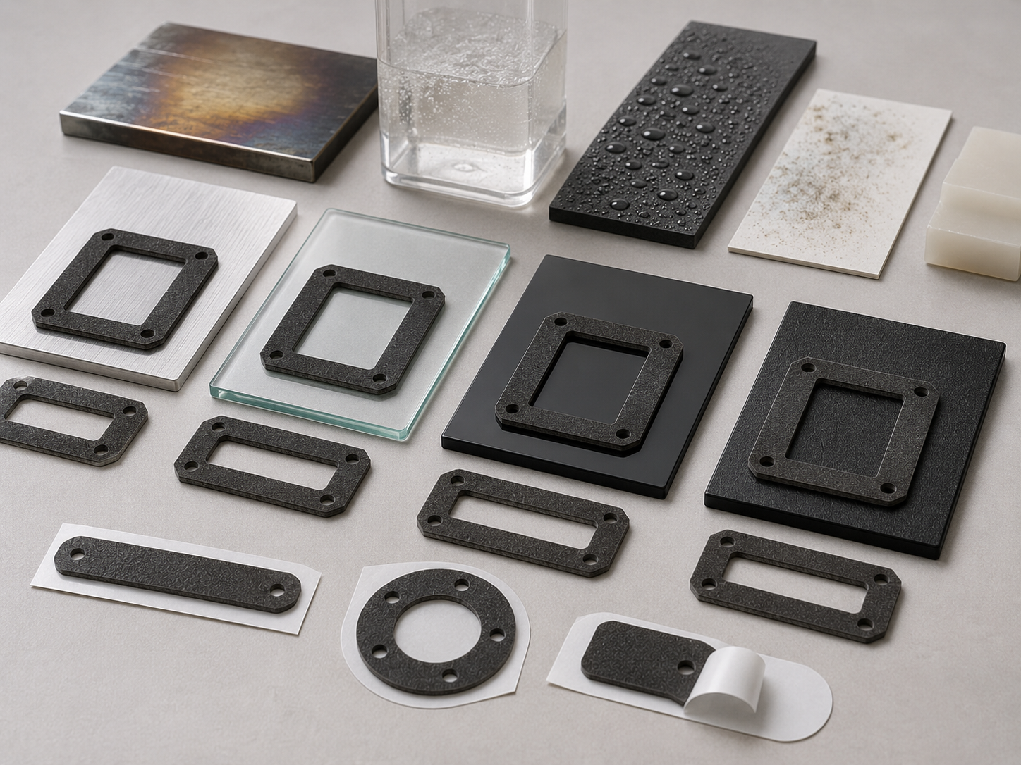 Die-cut adhesive components paired with metal, glass, painted and engineered plastic surfaces