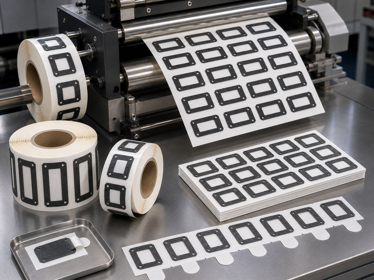 Precision roll-to-roll converting of custom die-cut high-bond adhesive tape components
