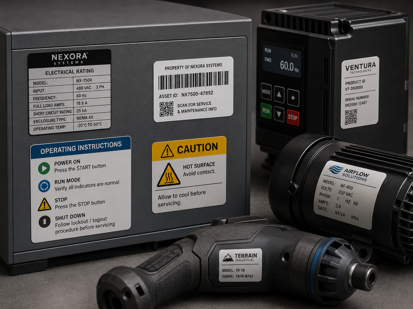 Industrial durable labels used for ratings serialization operating instructions caution information and product identification